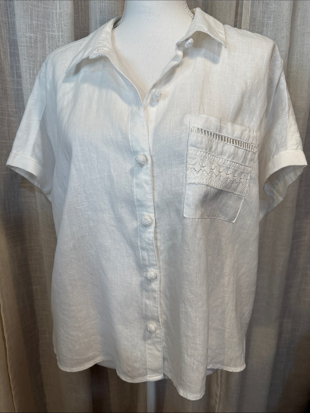 Joie XL 100% Linen White Button Front Blouse Embroidered Pocket Short Sleeve